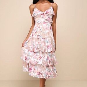 Lulus NWT Floral Midi Instinctively Darling Tan Burnout Ruffled Dress Size S